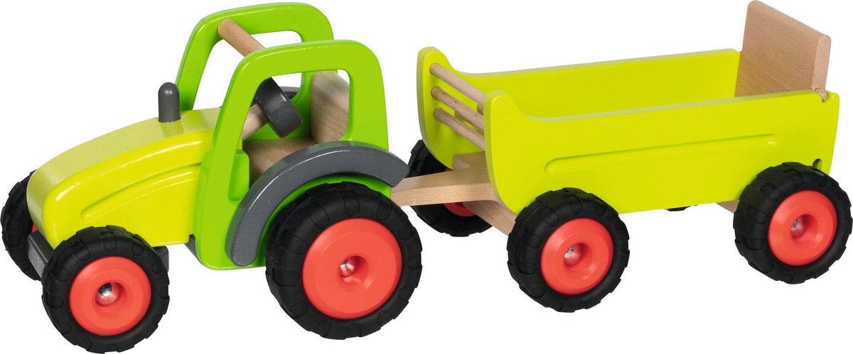 Holztraktor in Grün mit Heuwagen und roten Rädern – Ansicht