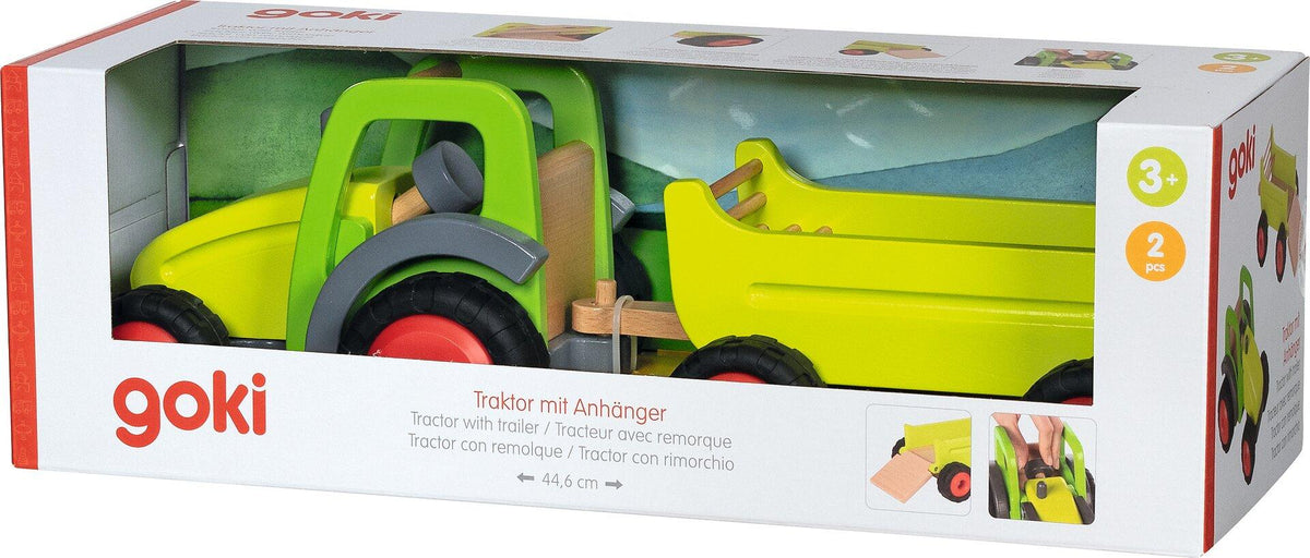 Holztraktor in Grün mit Heuwagen und roten Rädern – Verpackung