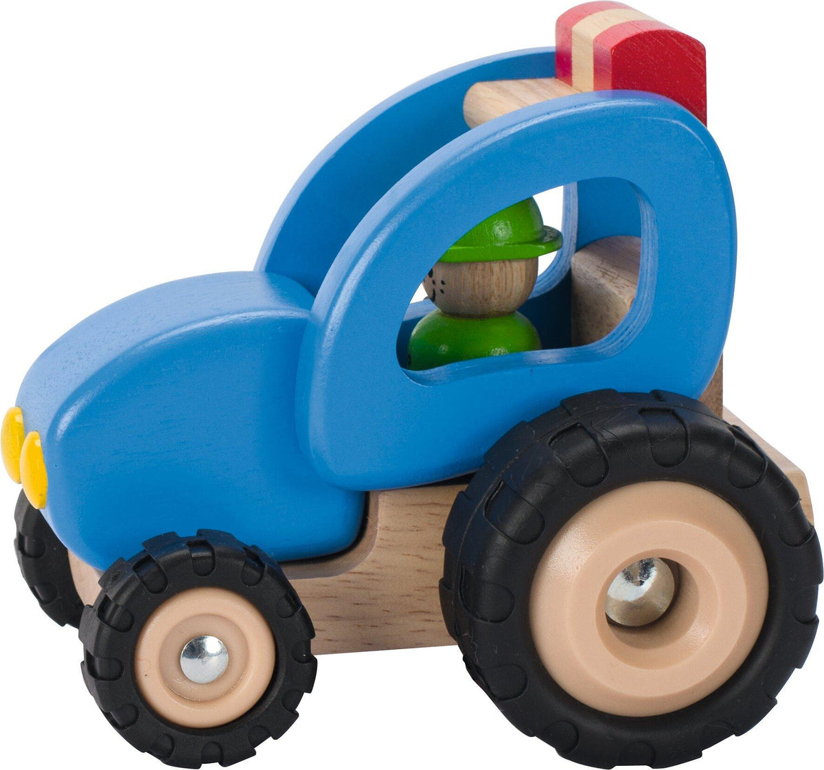 Holztraktor mit Fahrer in Blau – Ansicht