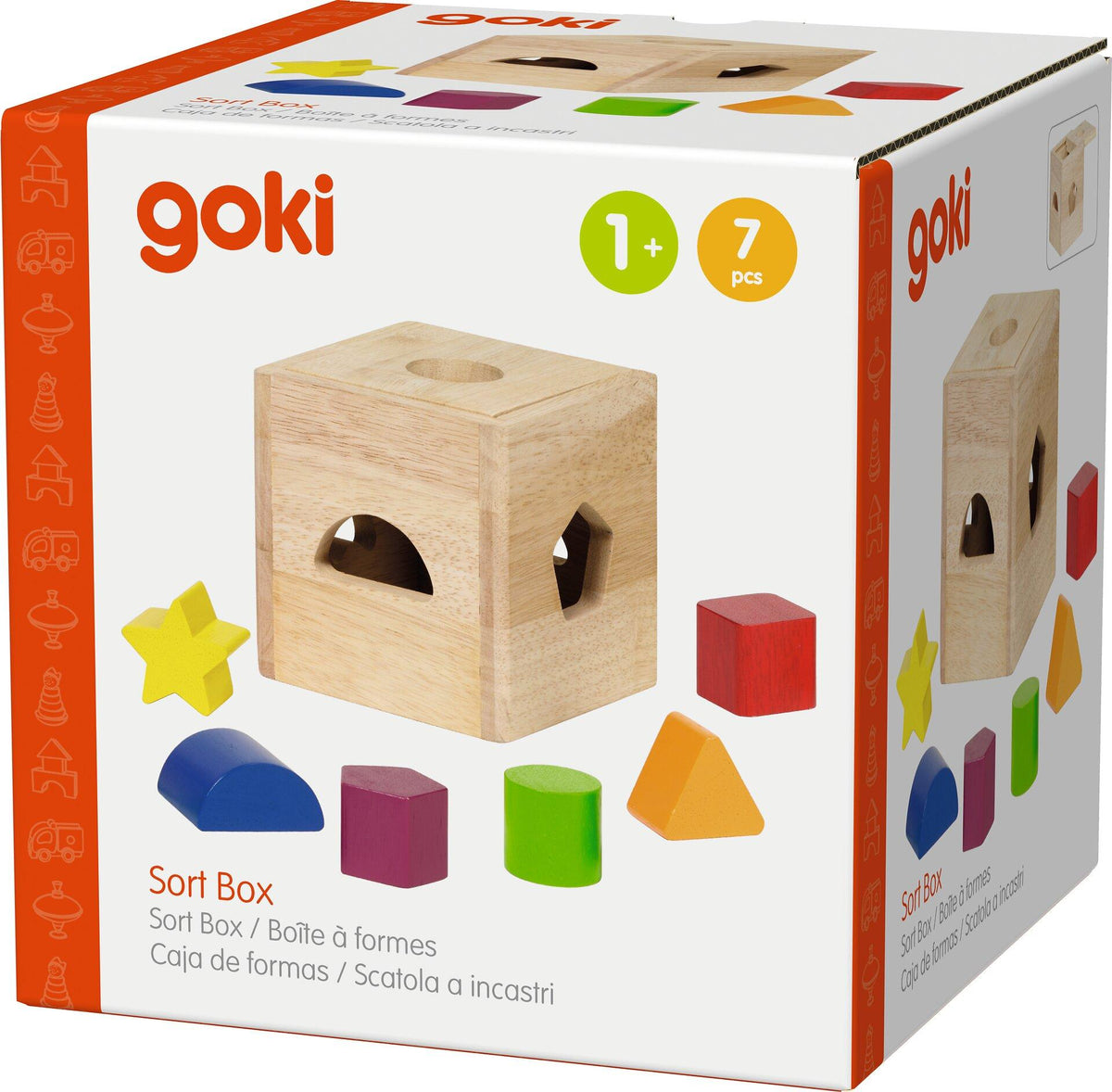 Holzwürfel Steckbox II mit sechs farbigen Formen – Verpackung