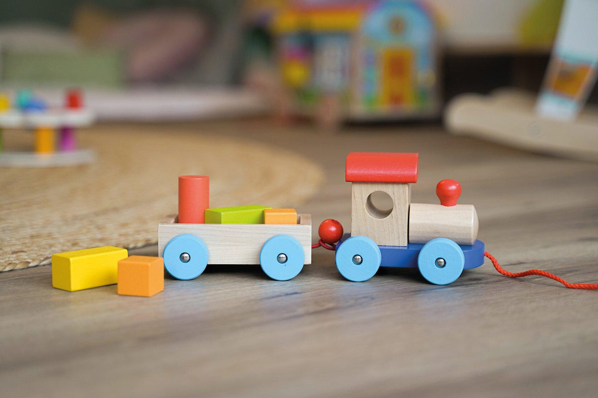 Holzzug Marseille mit Wagen und fünf Bausteinen – Ansicht
