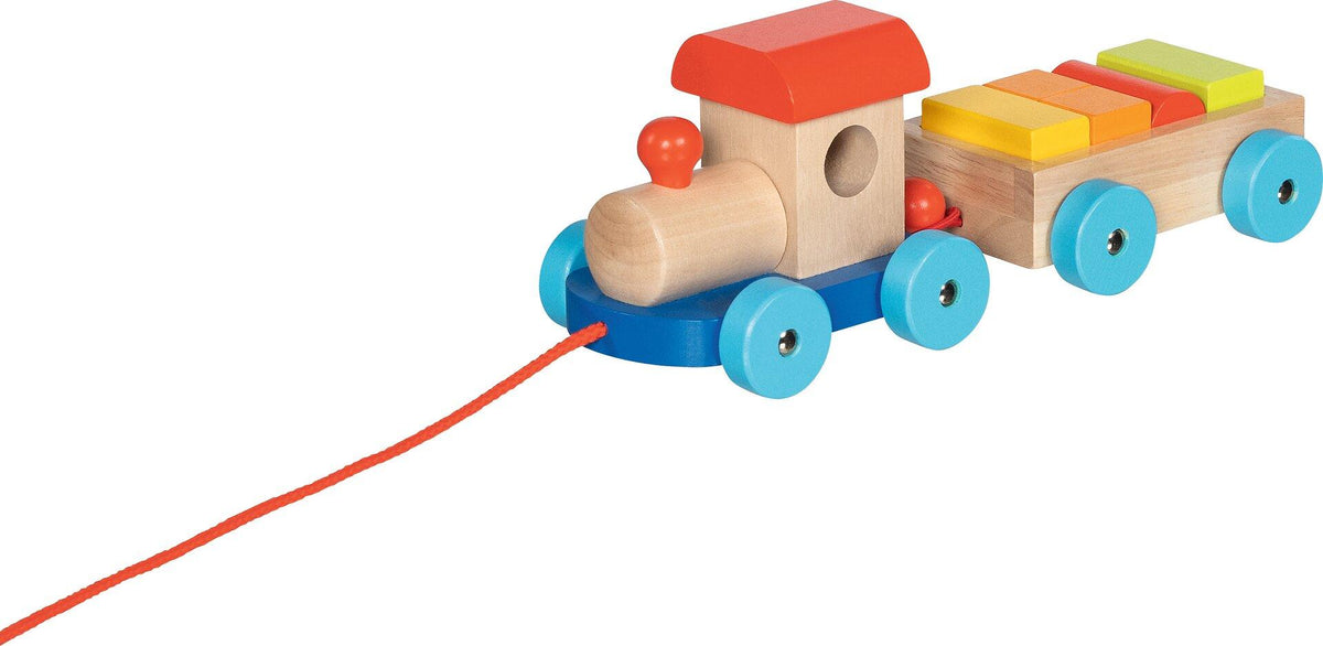 Holzzug Marseille mit Wagen und fünf Bausteinen – Nahaufnahme