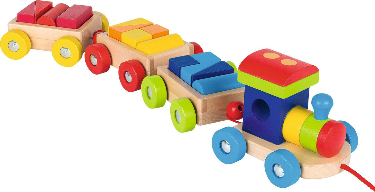 Holzzug Orlando mit drei Wagen und 14 Bausteinen – Seitenansicht