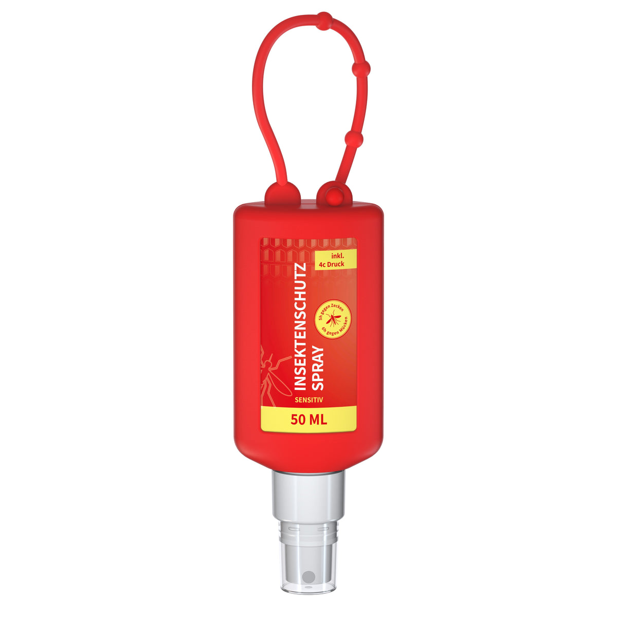 Insektenschutzspray 50 ml Anhängeflasche mit Silikonhülle – Rot