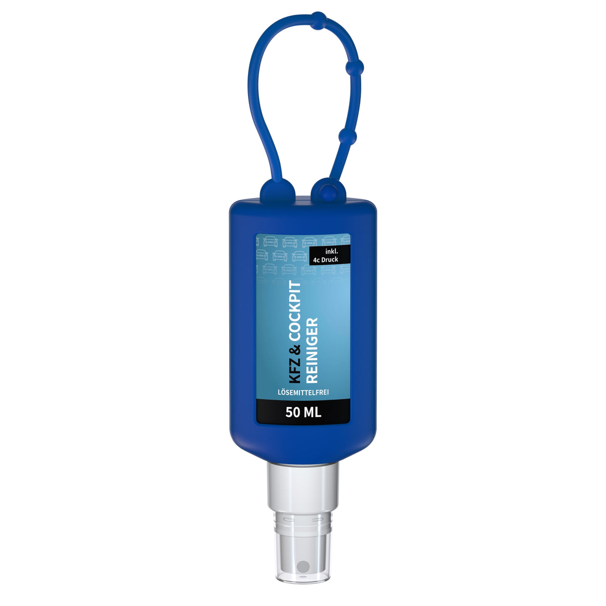 Kfz Cockpit Reiniger 50 ml Flasche mit Silikonhülle zum Anhängen – Blau
