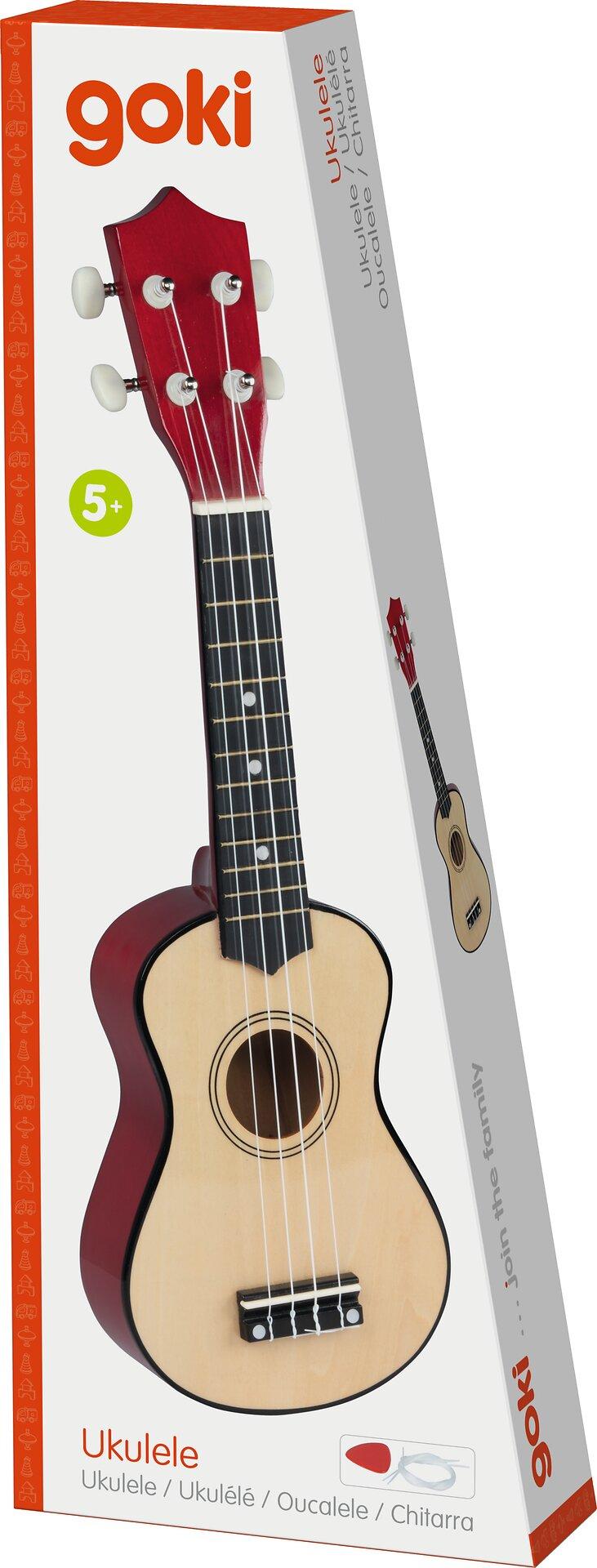 Kinder Ukulele mit Zargen in Rot und hellem Holz – Verpackung