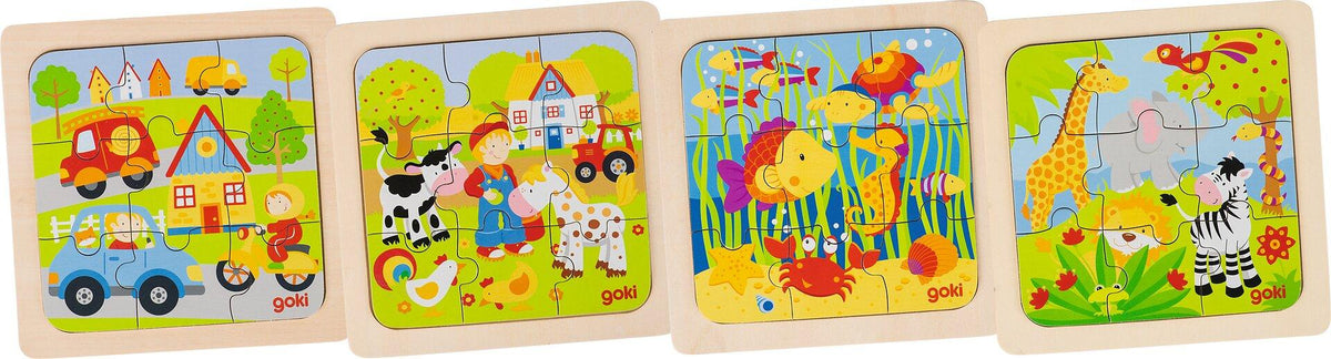Kleine Einlegepuzzles in vier Motiven im Display
