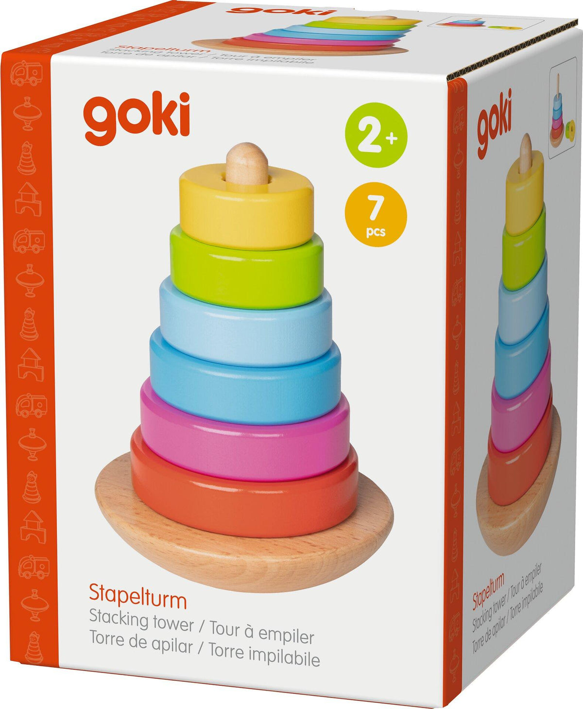 Kleiner Stapelturm aus Holz mit sieben Teilen von goki – Verpackung