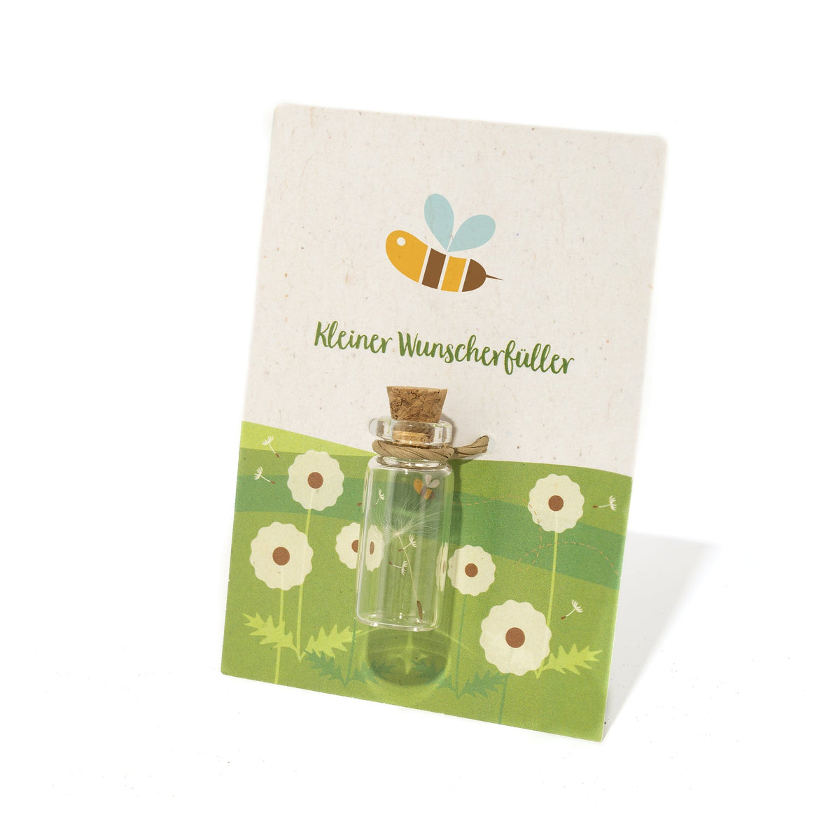 Kleiner Wunscherfüller mit Pusteblume auf Karte mit Logo – Detail