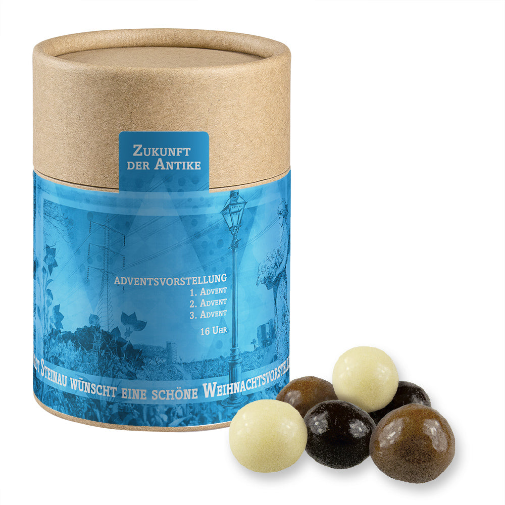 Knusperkugeln und Mandeln in der Kraftpapierdose – Knusperkugeln Mix, ca. 50 g