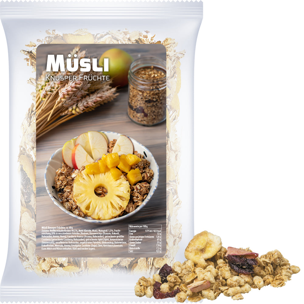 Knuspermüsli in der Maxi Tüte mit Etikett