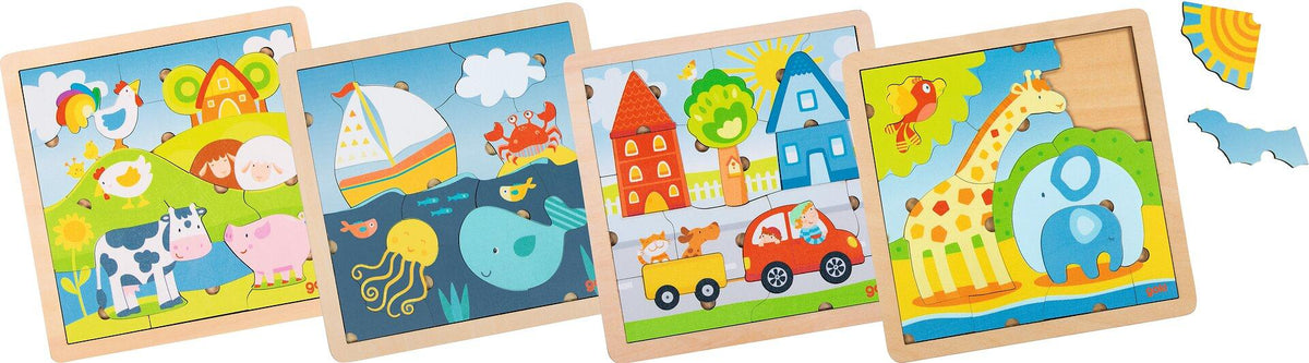 Konturpuzzle aus Holz mit Bauernhof, Meer, Stadt und Zoo – Ansicht