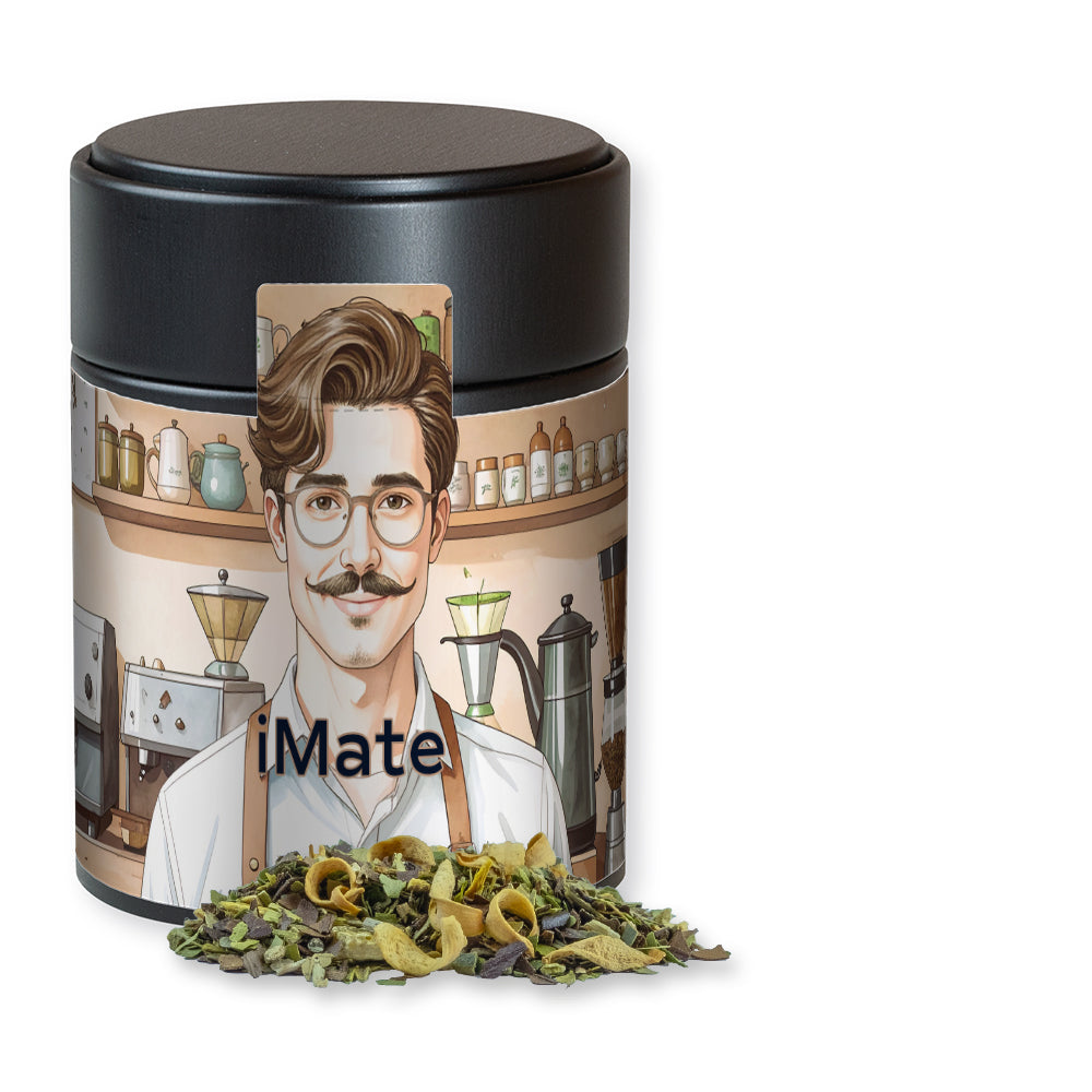 Kräutertee in der Metalldose Midi schwarz – Matetee Orange, ca. 40 g