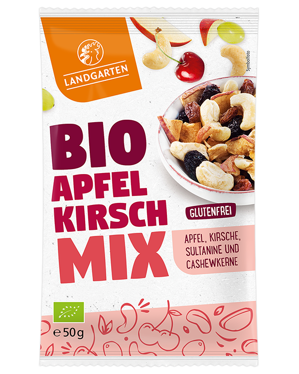 LANDGARTEN Bio Apfel Kirsche Mix 50 g mit Logo Button