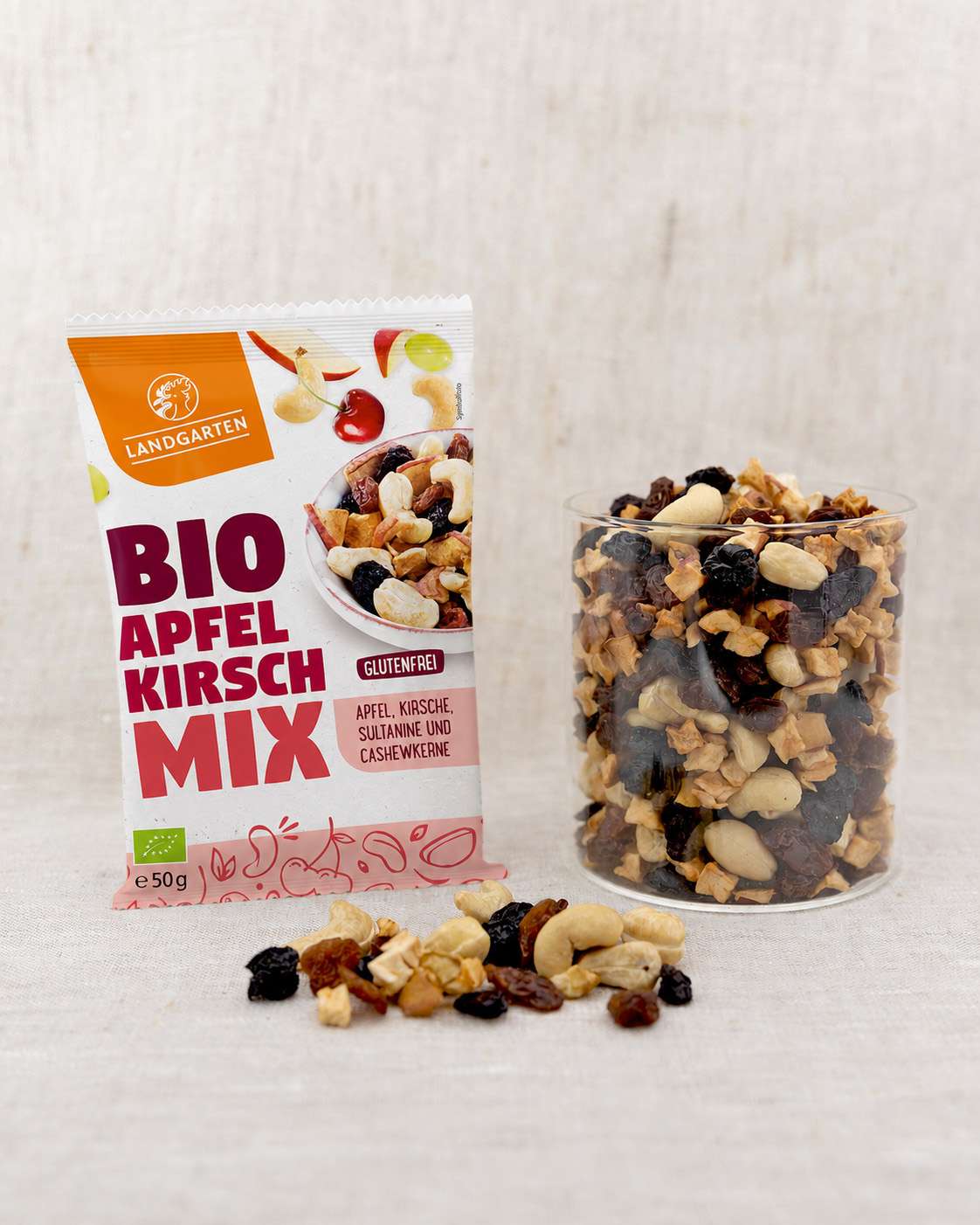LANDGARTEN Bio Apfel Kirsche Mix 50 g mit Logo Button