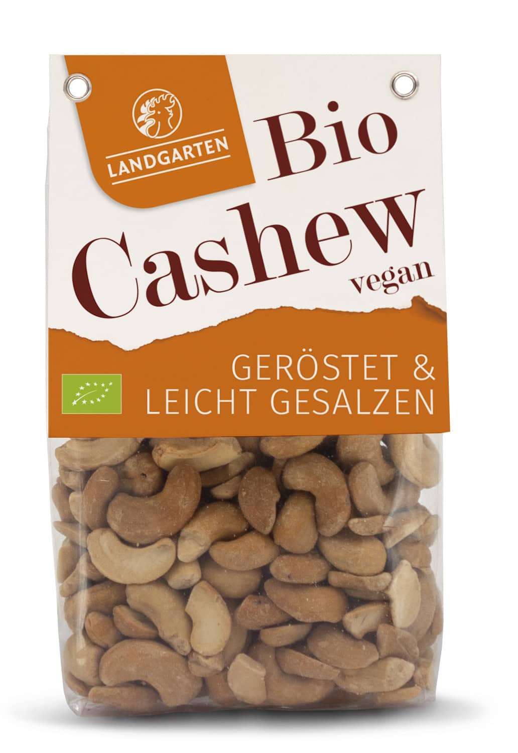 LANDGARTEN Bio Cashews geröstet gesalzen 160 g mit Logo Button