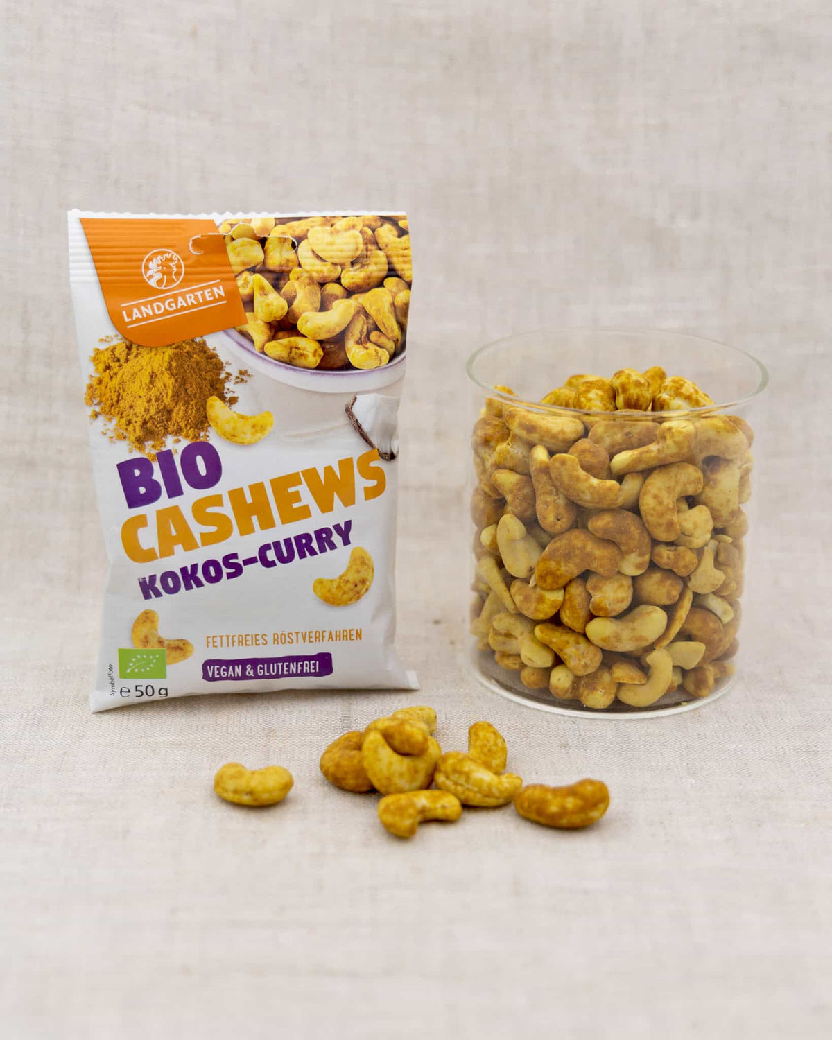 LANDGARTEN Bio Cashews Kokos Curry 50 g mit Logo Button
