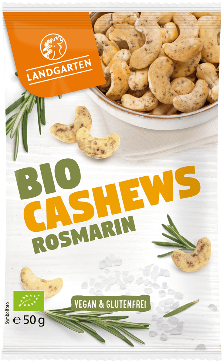 LANDGARTEN Bio Cashews Rosmarin und Meersalz 50 g mit Logo Button