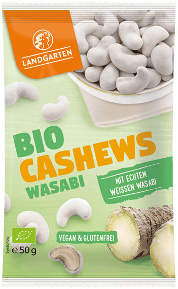 LANDGARTEN Bio Cashews Wasabi 50 g mit Logo Button