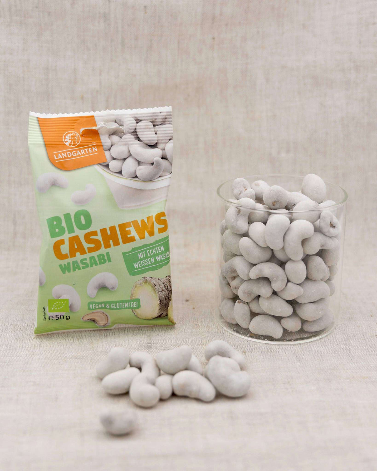 LANDGARTEN Bio Cashews Wasabi 50 g mit Logo Button