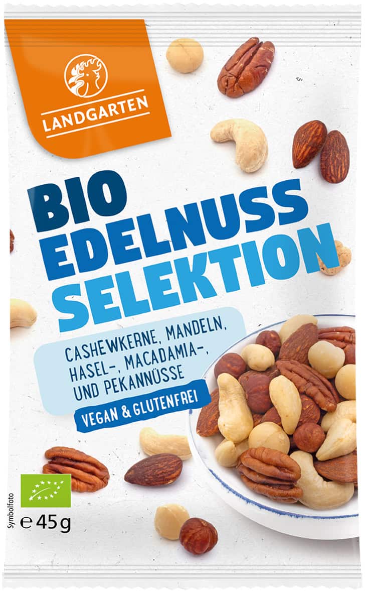 LANDGARTEN Bio Edelnuss Selektion 45 g mit Logo Button