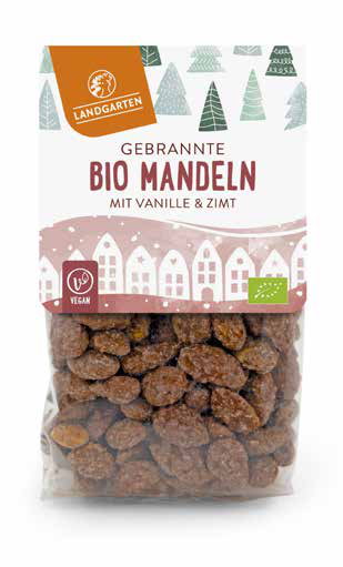LANDGARTEN Bio gebrannte Mandeln 150 g mit Logo Button