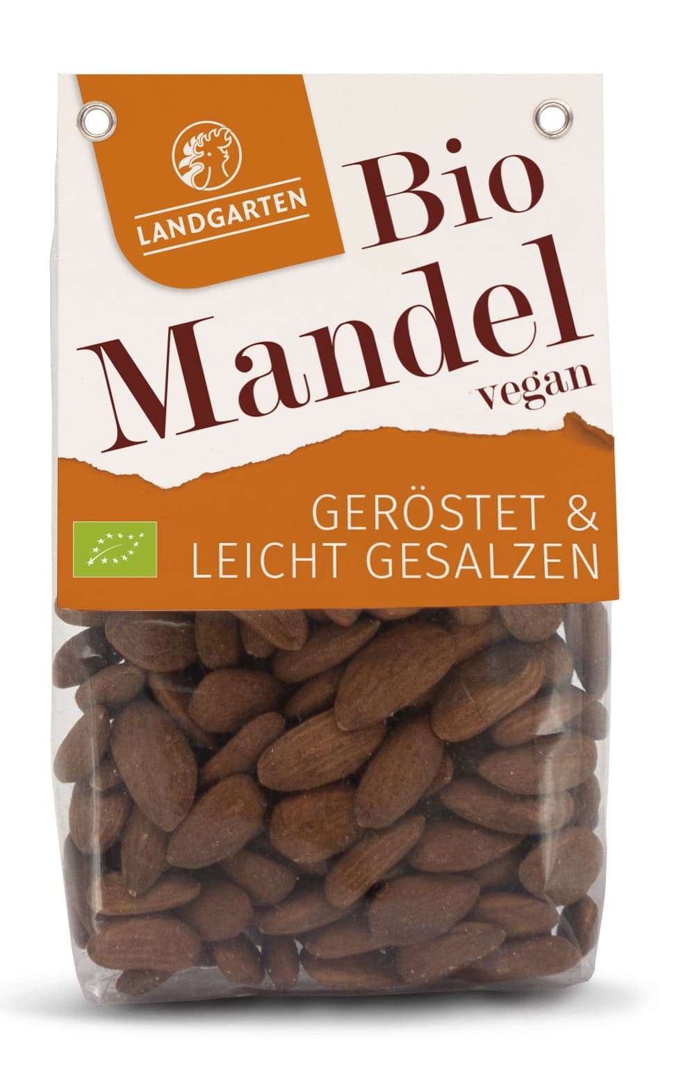 LANDGARTEN Bio Mandeln geröstet gesalzen 160 g mit Logo Button