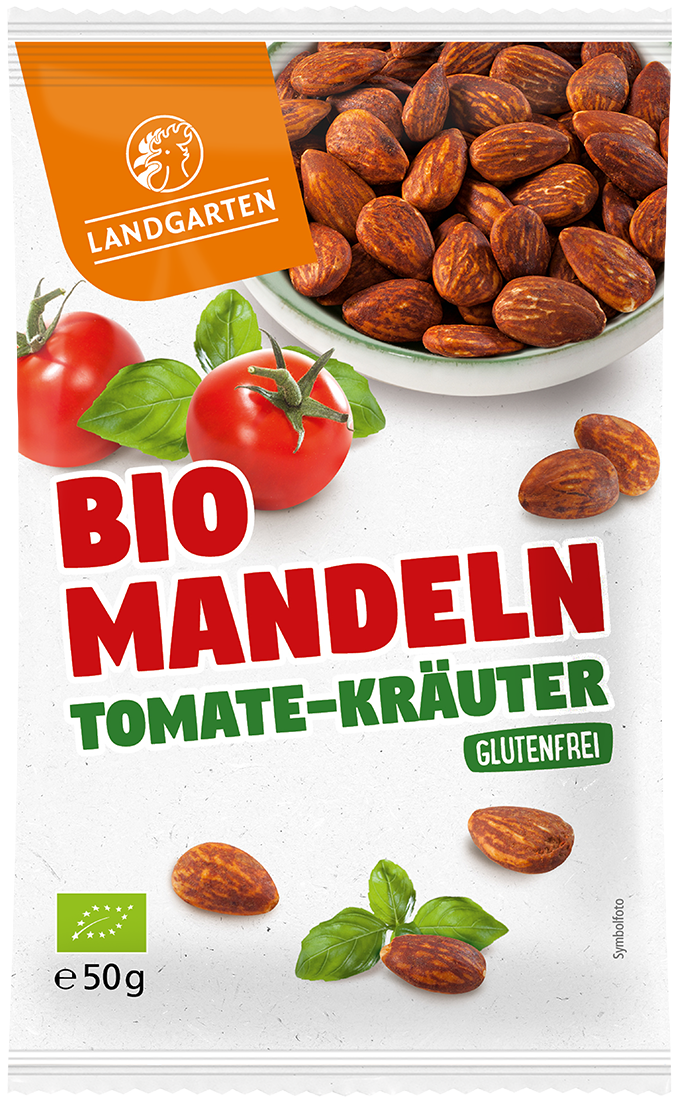 LANDGARTEN Bio Mandeln Tomate Kräuter 50 g mit Logo Button