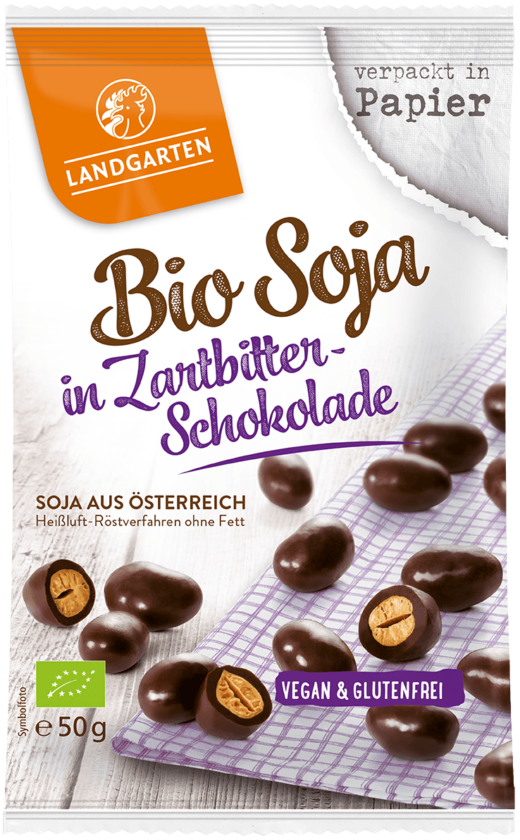LANDGARTEN Bio Soja in Zartbitter Schokolade 50 g mit Logo Button