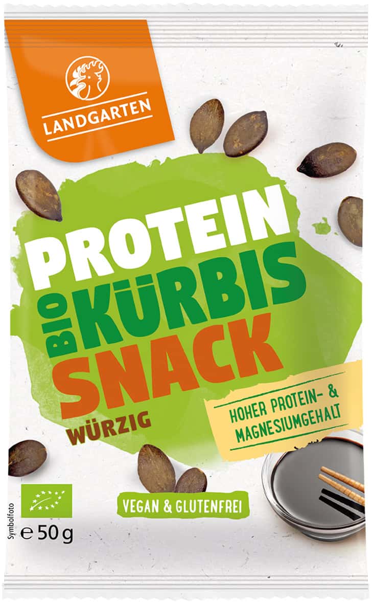 LANDGARTEN Protein Bio Kürbis Snack würzig 50 g mit Logo Button