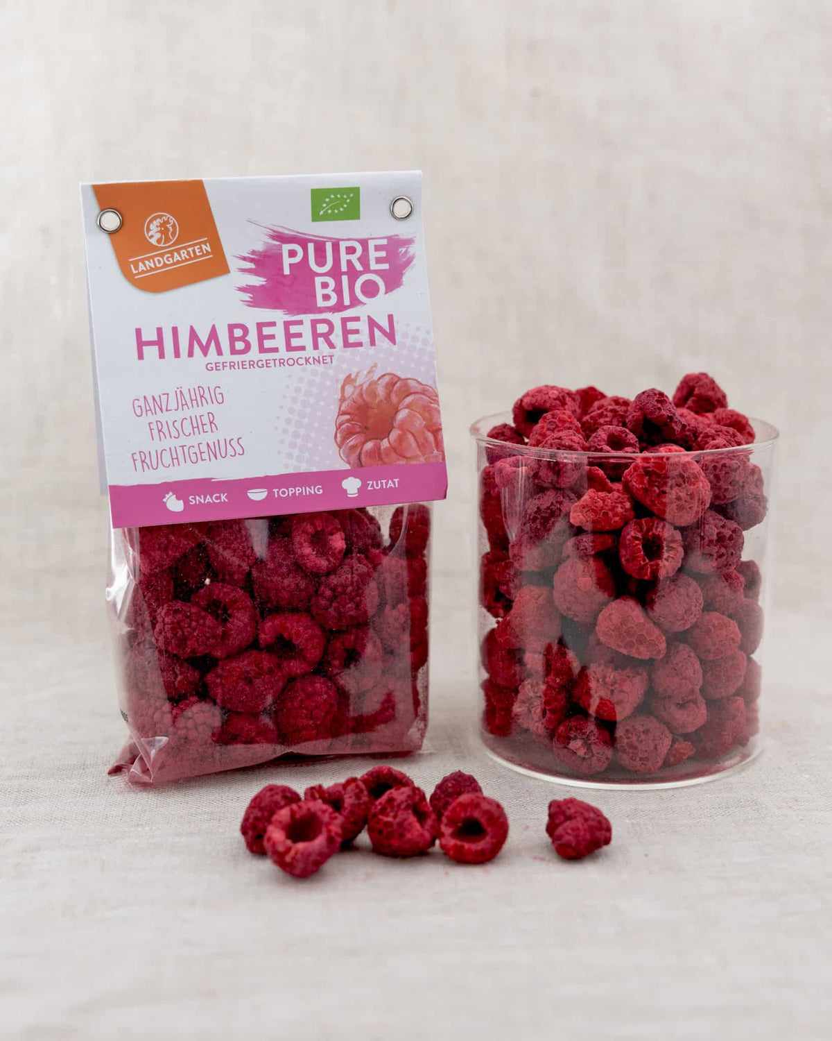 LANDGARTEN Pure Bio Himbeeren 20 g mit Logo Button