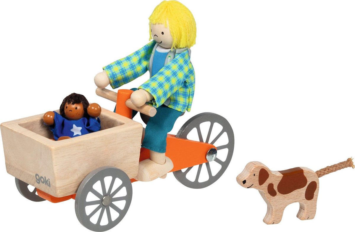 Lastenfahrrad aus Holz mit zwei Biegepuppen und Hund – weitere Ansicht