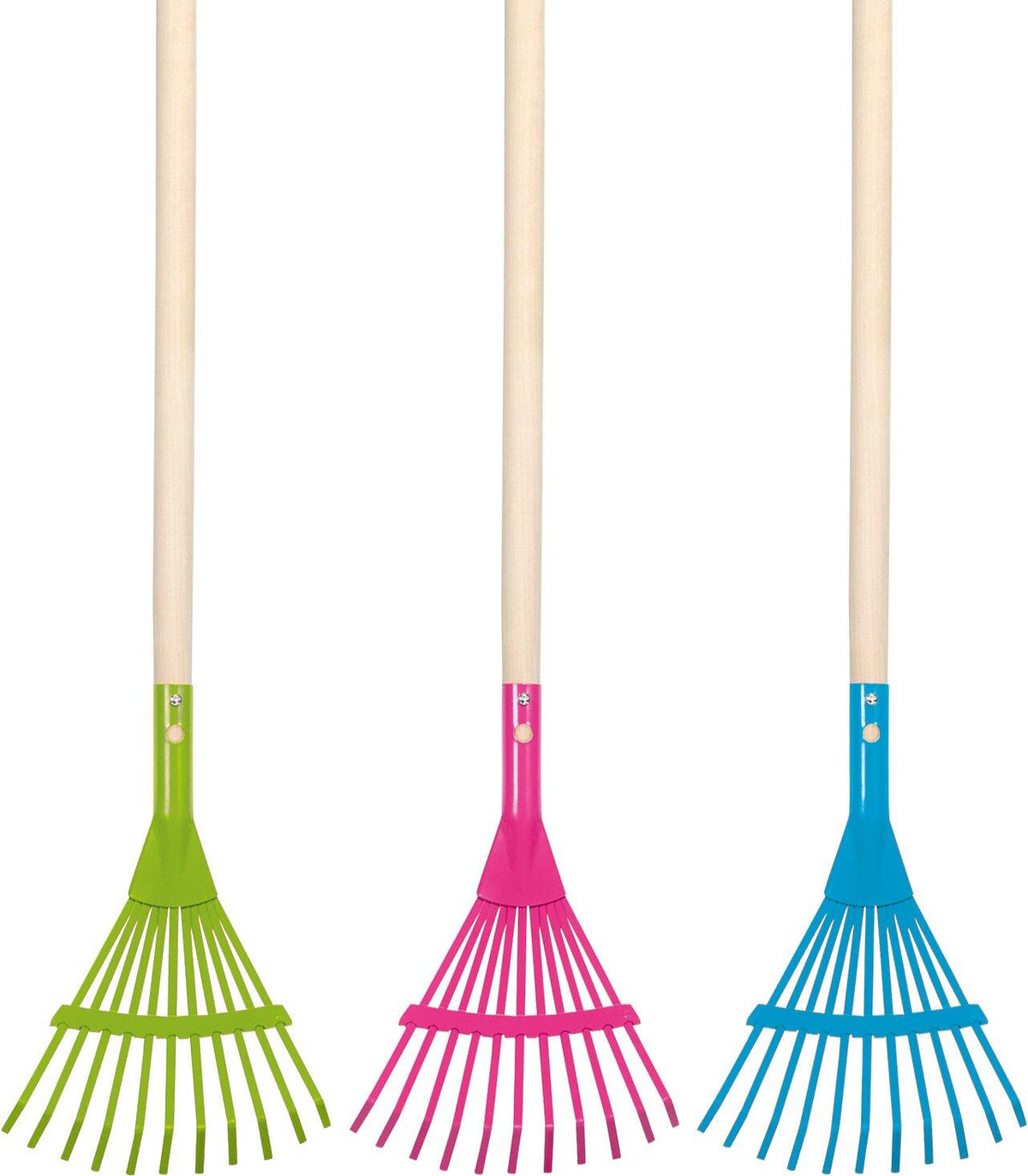 Laubrechen für Kinder im 3er Set in Grün, Pink und Blau – weitere Ansicht