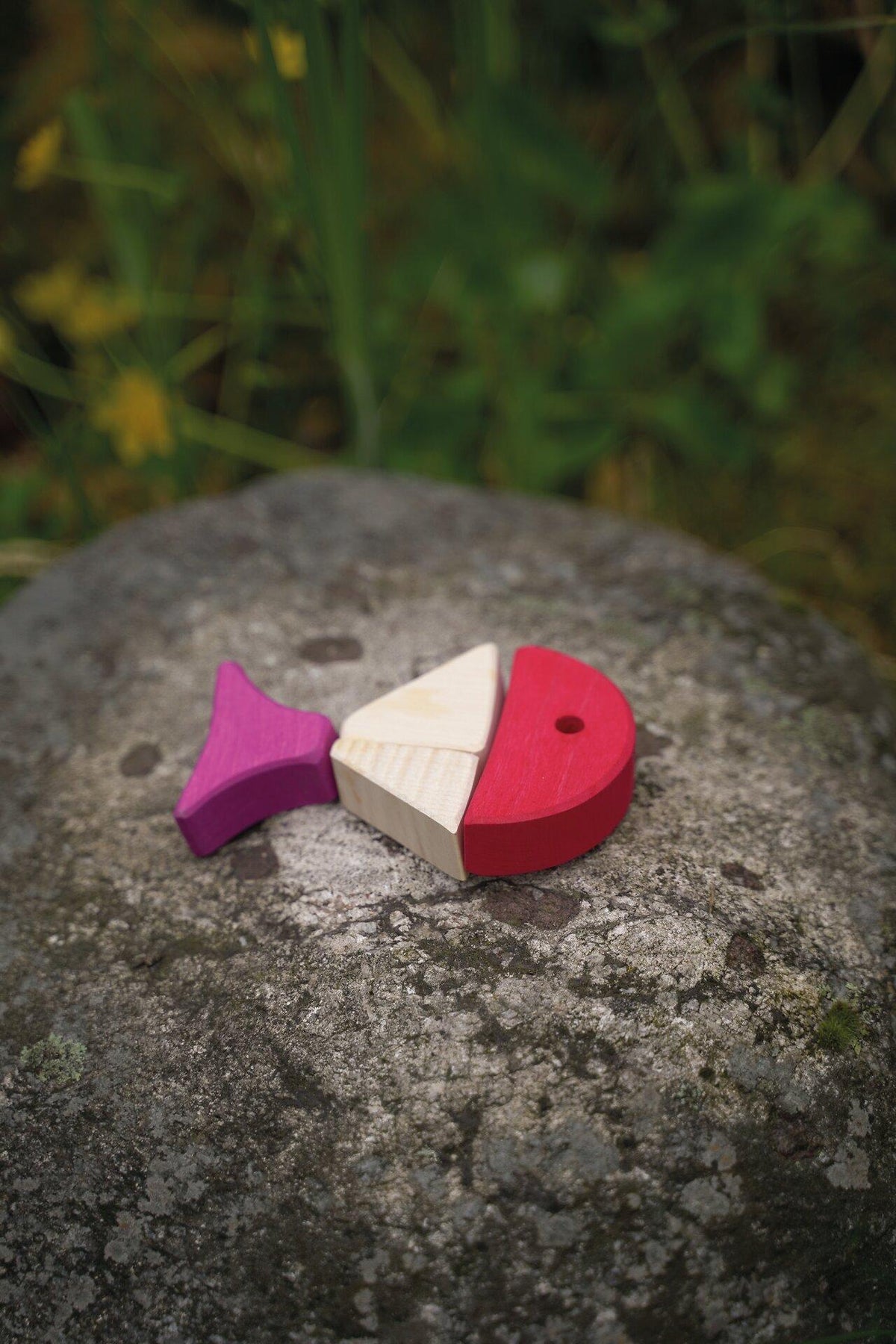 Legespiel Bausteinkasten mit 6 bunten Fischen aus Holz – Nahaufnahme