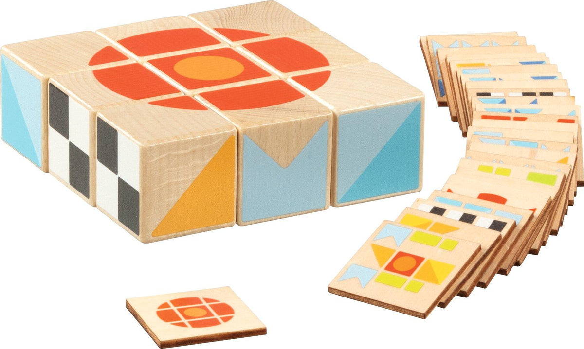 Legespiel II aus Holz mit 9 Würfeln und 25 Vorlagen