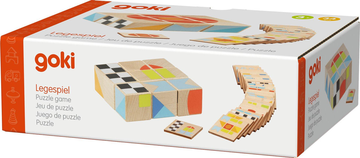 Legespiel II aus Holz mit 9 Würfeln und 25 Vorlagen – Gesamtansicht
