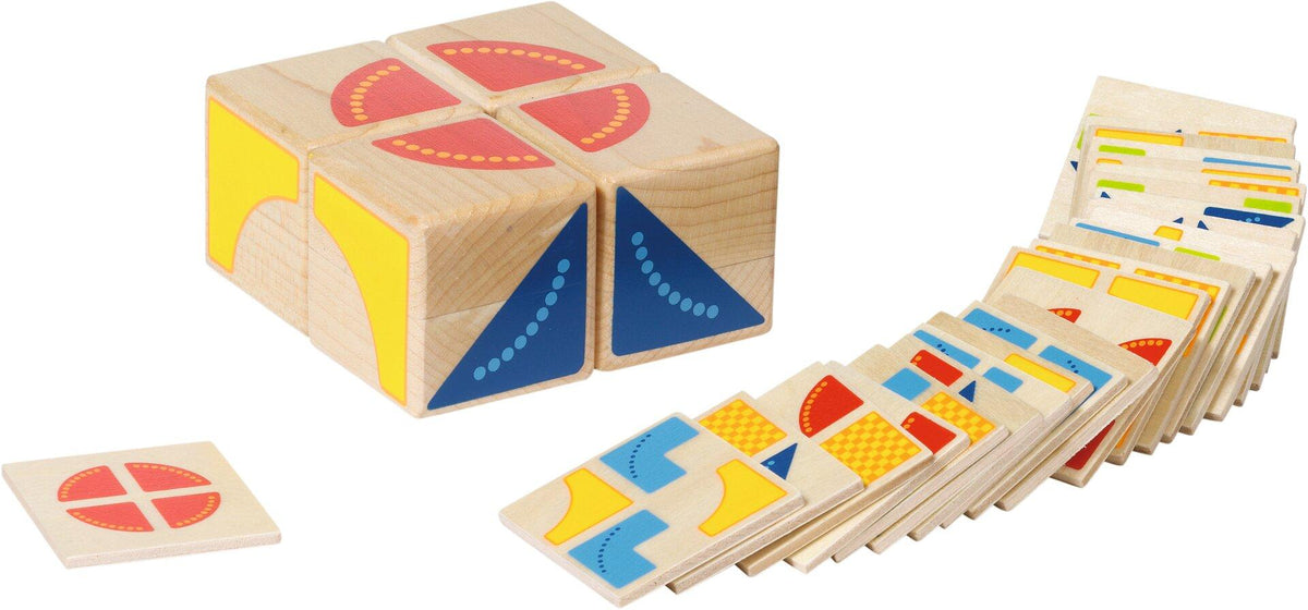 Legespiel Kubus mit 4 Würfeln und 26 Vorlagen – Ansicht