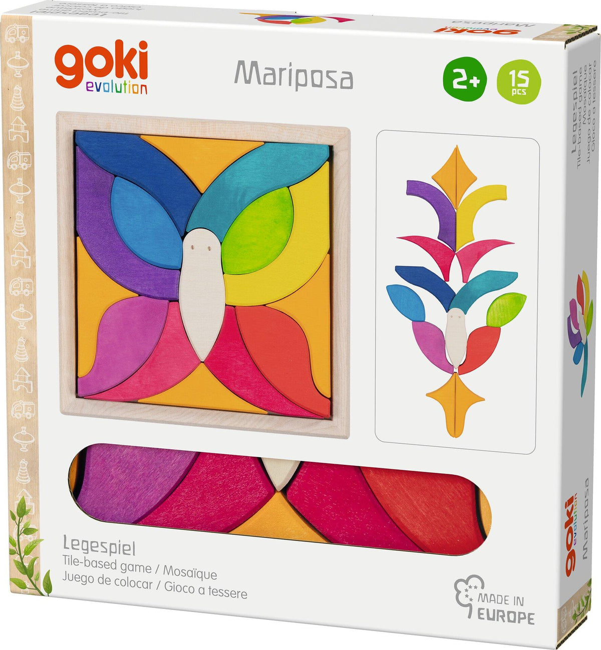 Legespiel Schmetterling Mariposa mit 15 bunten Holzteilen – Gesamtansicht