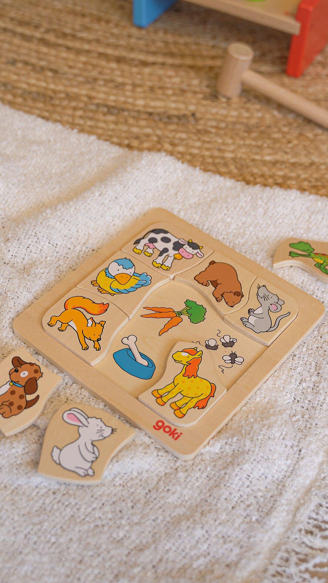 Legespiel Wer frisst was mit Tieren und Möhren aus Holz – Nahaufnahme