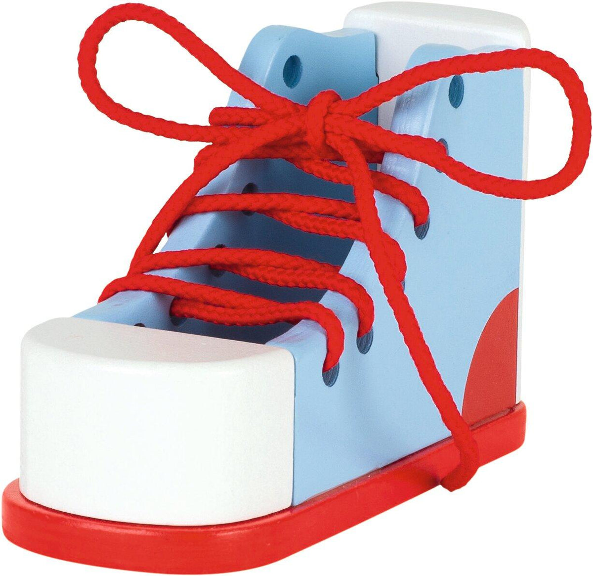 Lernschuh zum Binden aus Holz mit roter Schnur