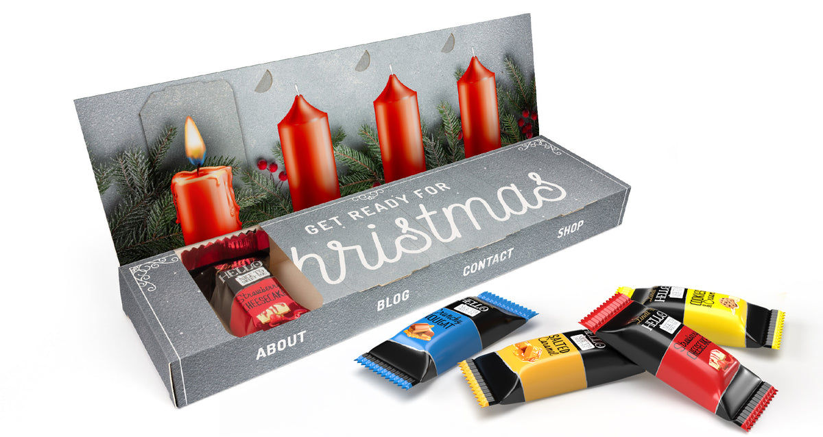 Lindt HELLO Mini Adventsbox mit vier Fächern, bedruckt