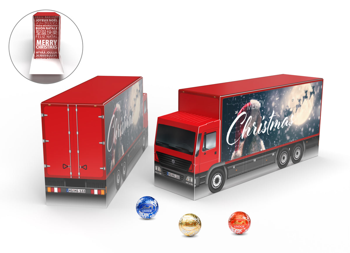 Lindt Lindor Adventskalender in Lastwagenform, bedruckt