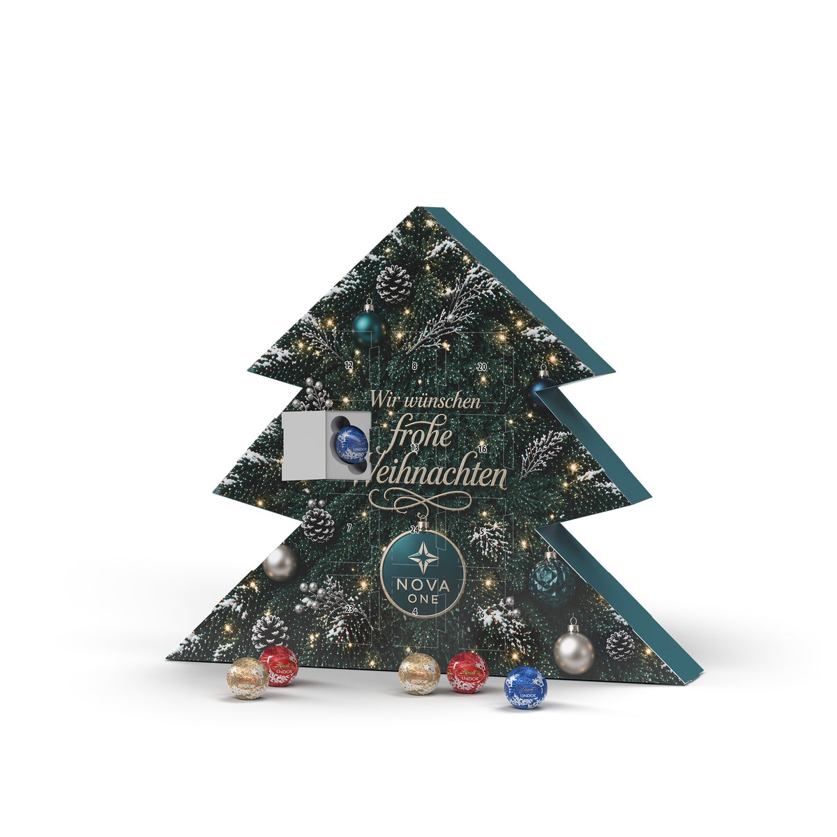 Lindt Lindor Adventskalender in Tannenbaumform, bedruckt