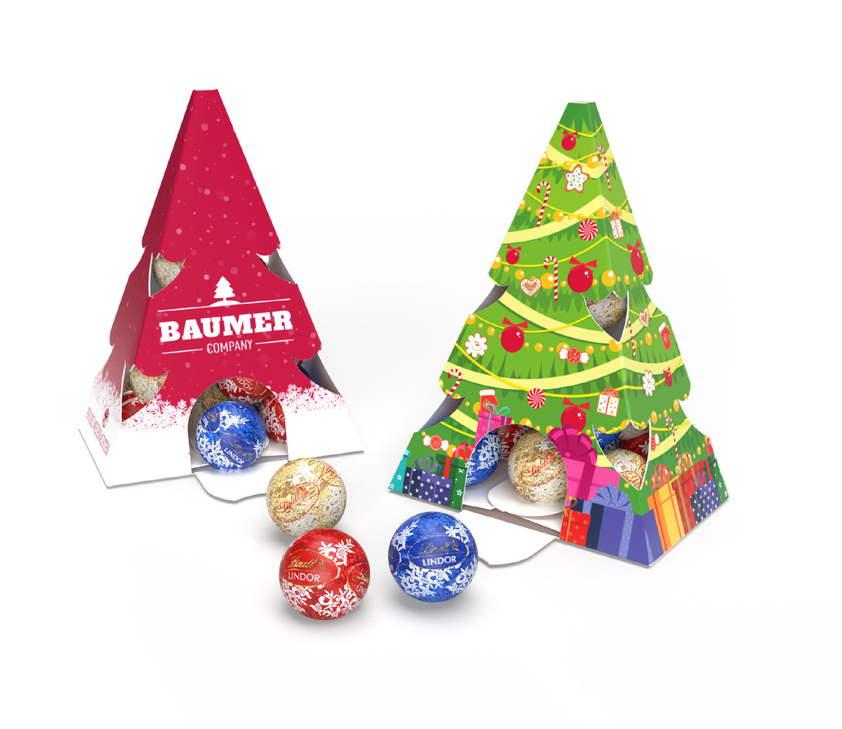 Lindt Lindor Tannenbaum aus Karton mit Mini Kugeln, bedruckt