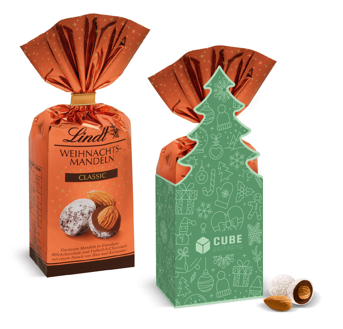 Lindt Weihnachtsmandeln in Tannenbaum Kartonage, bedruckt