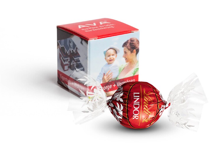 Bedruckter Werbewürfel mit Lindt Lindor Kugel, rote Ausführung