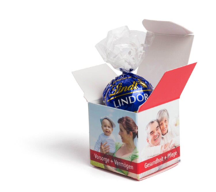Bedruckter Werbewürfel mit Lindt Lindor Kugel, blaue Ausführung