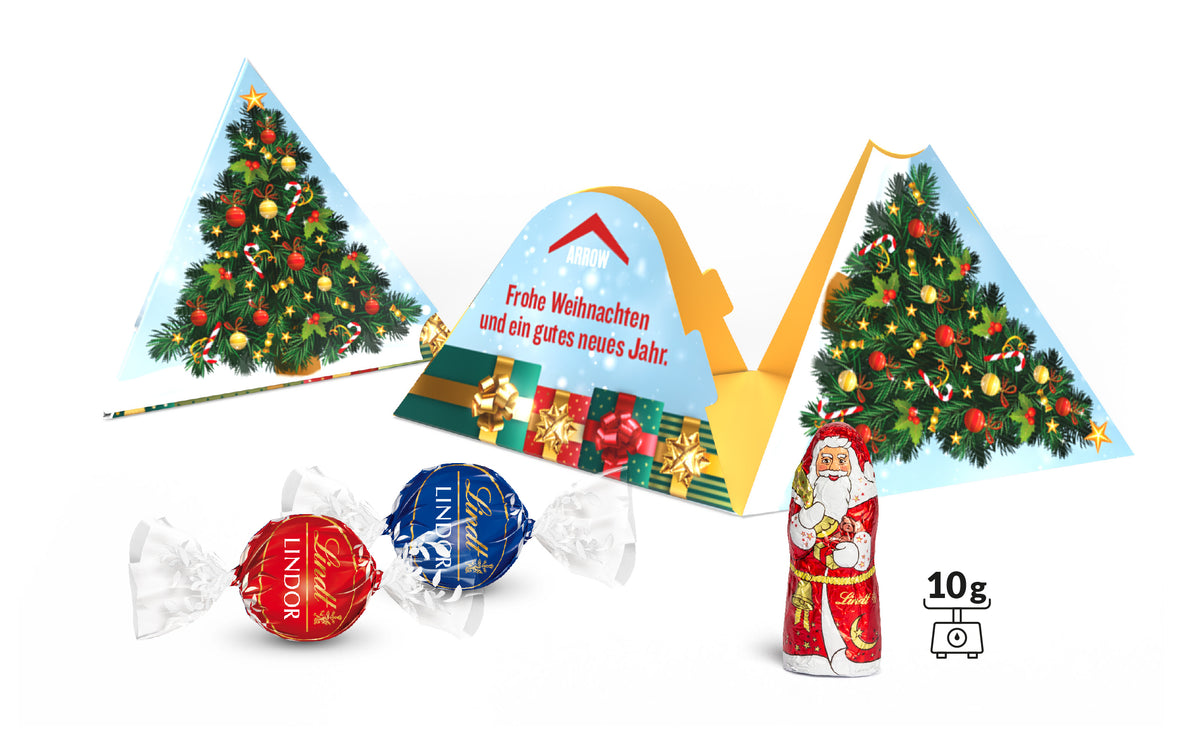 Lindt Xmas Pyramide aus Karton mit Nikolaus und Lindor Kugeln, bedruckt