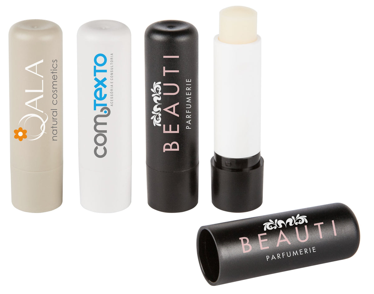 Lippenpflegestift in Weiß, Sand oder Schwarz mit Logo