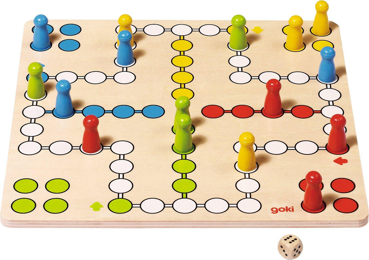 Ludo Brettspiel aus Holz in vier Farben, 28 cm